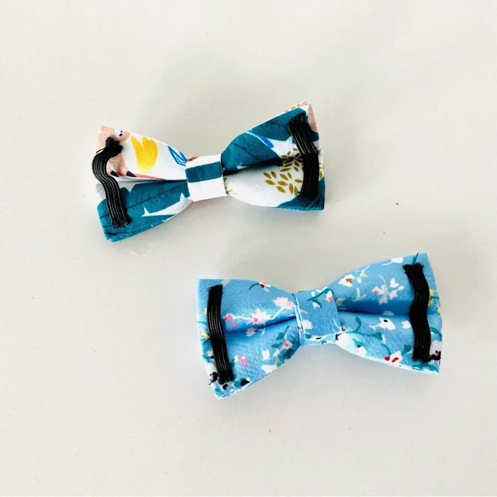 2 NEW HANDMADE Blue White Floral Green Tropic Dog Cat Pet Collar Elastic Bow Tie